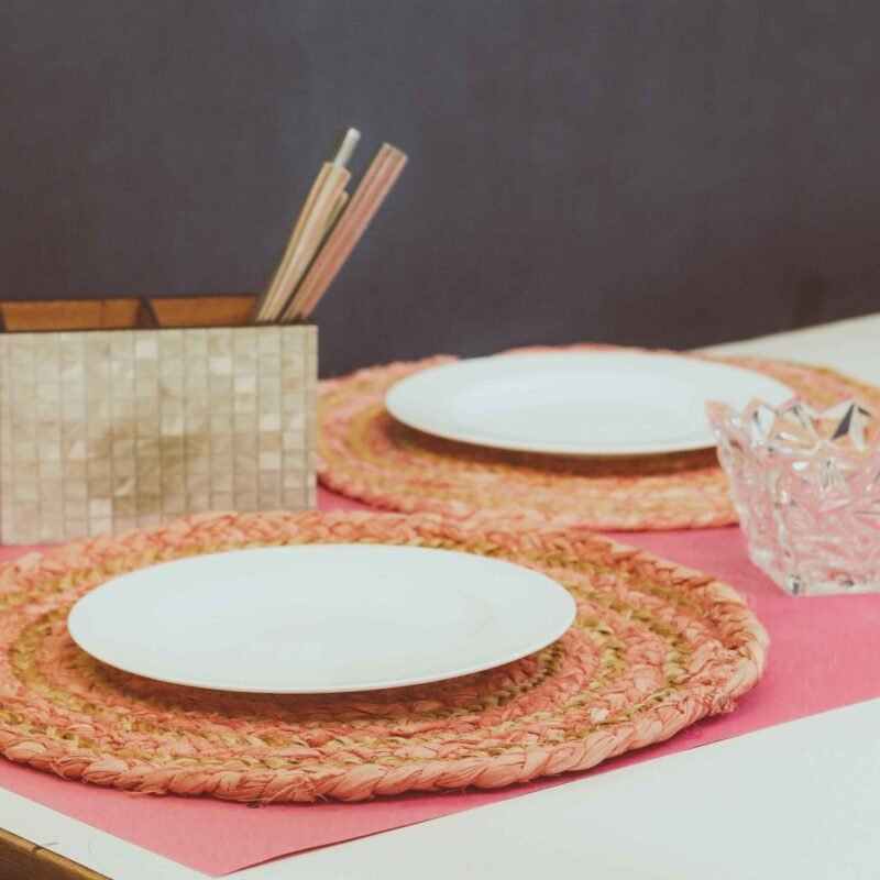 Ambbi Collections Set of 4 Braided Jute Placemats, 35 cm Round, 4 Piece Set, Best for Bed-Side Table/Center Table, Dining Table/Shelves, Natural Pink&Beige