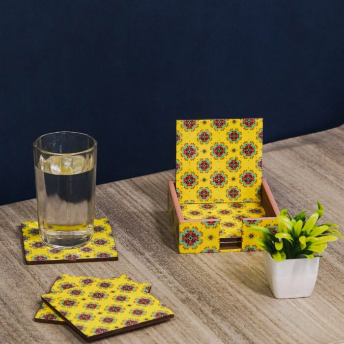 Ambbi Collections Set of 6 MDF Wood Tea,Coffee Coasters with Stand (10 * 10 cm) (Yellow)