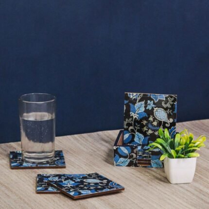Blue Orient Design MDF Wood Tea,Coffee Coasters with Stand Set of (10 * 10 cm)