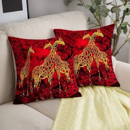 Red Color Jiraff Print Cushion Cover
