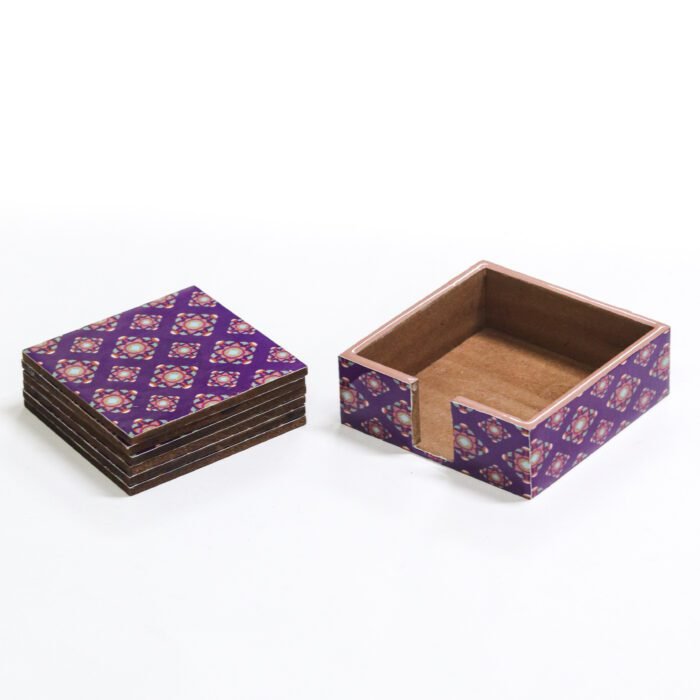 Set of 6 MDF Wood Tea,Coffee Coasters with Stand (10 * 10 cm) (Turkish violet)