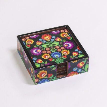 Multicolor Flower Print Set of 6 MDF Wood Tea,Coffee Coasters with Stand (10 * 10 cm)
