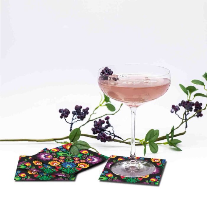 Multicolor Flower Print Set of 6 MDF Wood Tea,Coffee Coasters with Stand (10 * 10 cm)