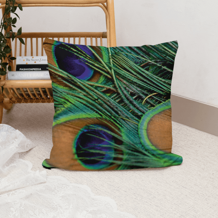 Elegant Peacock Feather Design Cushion Cover