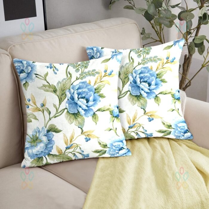 Blue Floral Satin Cushion Cover set of 5