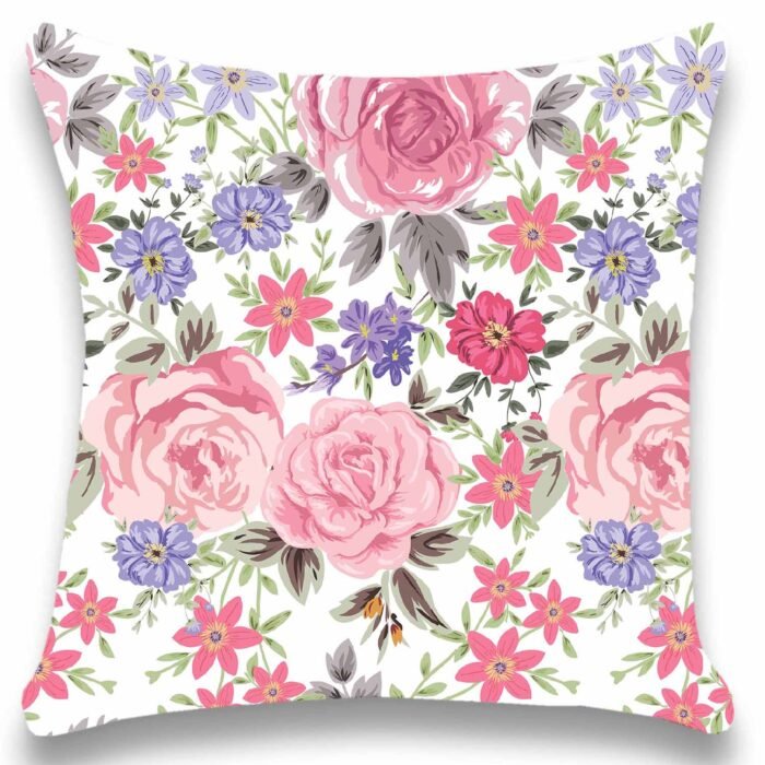 Pink Flower Printed Satin Cushion Cover set of 2 (16x16 inch)