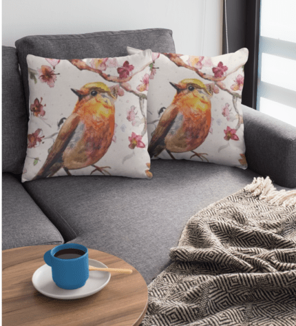 Bird Print Satin Floral Cushion Cover set of 2 (16x16 inch)